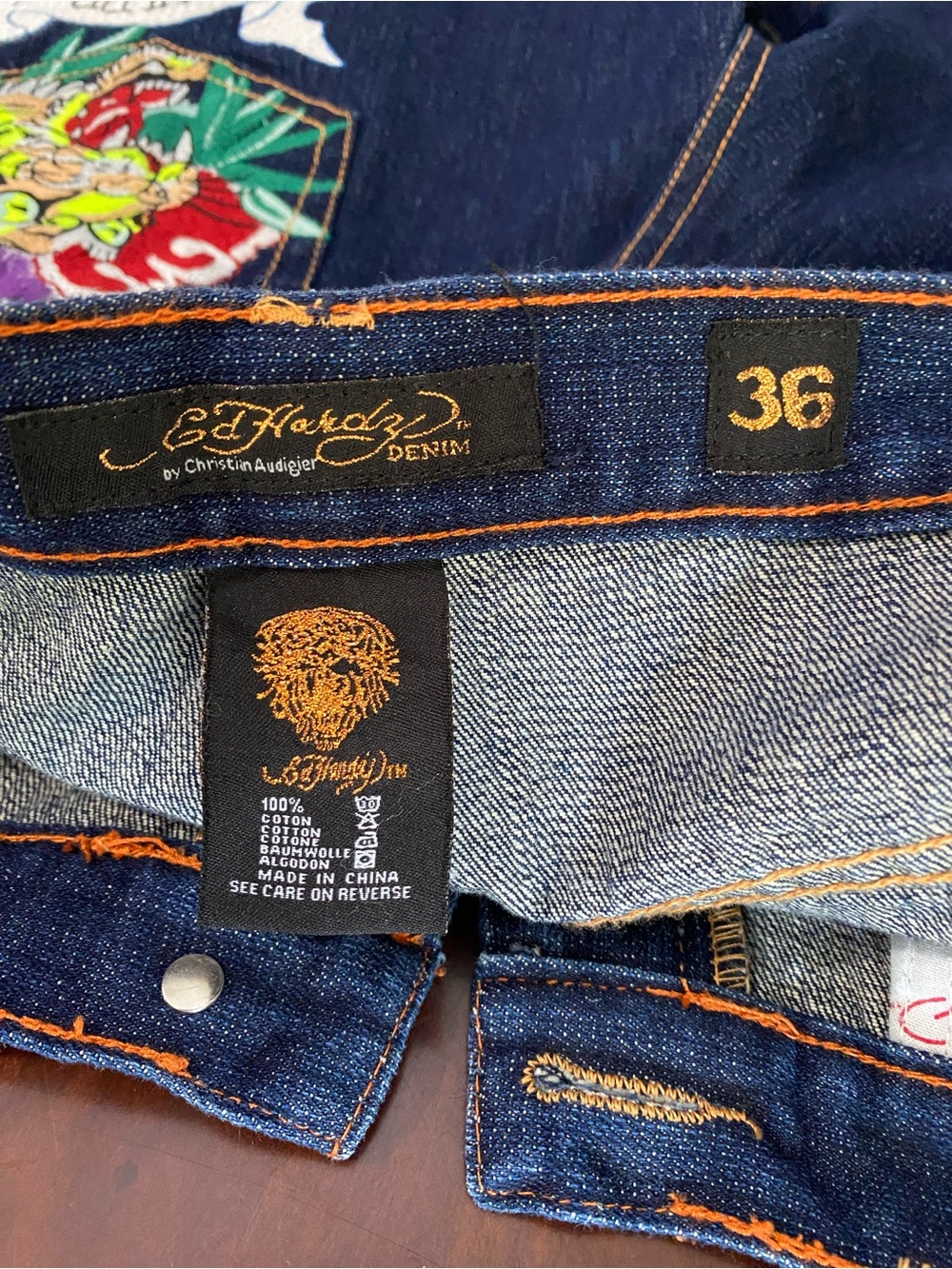 Ed Hardy Dark Blue Denim Jean Shorts with Contrast Stitching - Picture 9 of 10